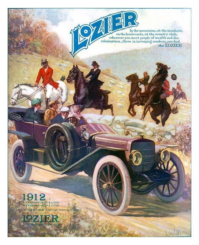 Lozier Touring Car Ad (October, 1911): In the mountains... you find the Lozier - Illustrated by George Gibbs