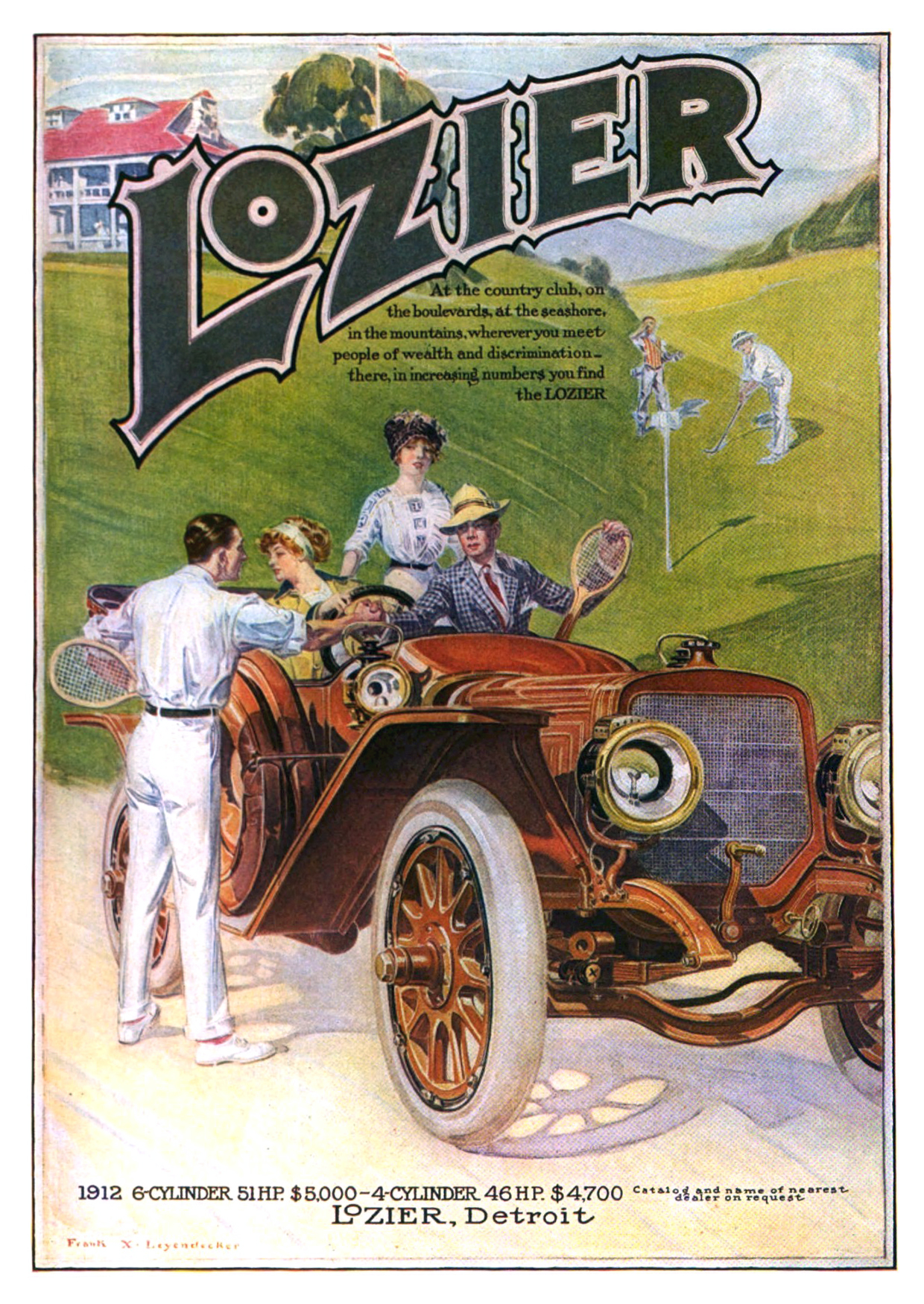 Lozier Touring Car Ad (September, 1911): At the country club... you find the Lozier - Illustrated by Frank Xavier Leyendecker