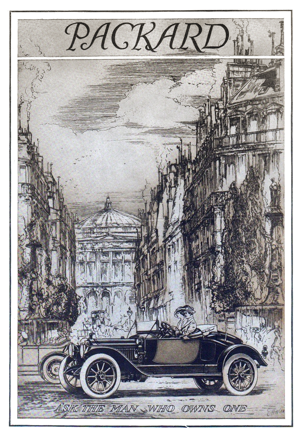 Packard Ad (1913): The Packard Phaeton-Runabout in Paris - From the etching by Earl Horter