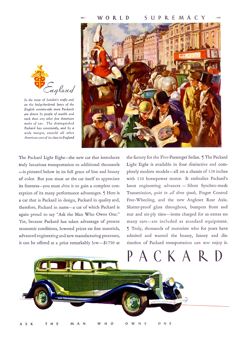 Packard Light Eight Five-Passenger Sedan Ad (March, 1932): England