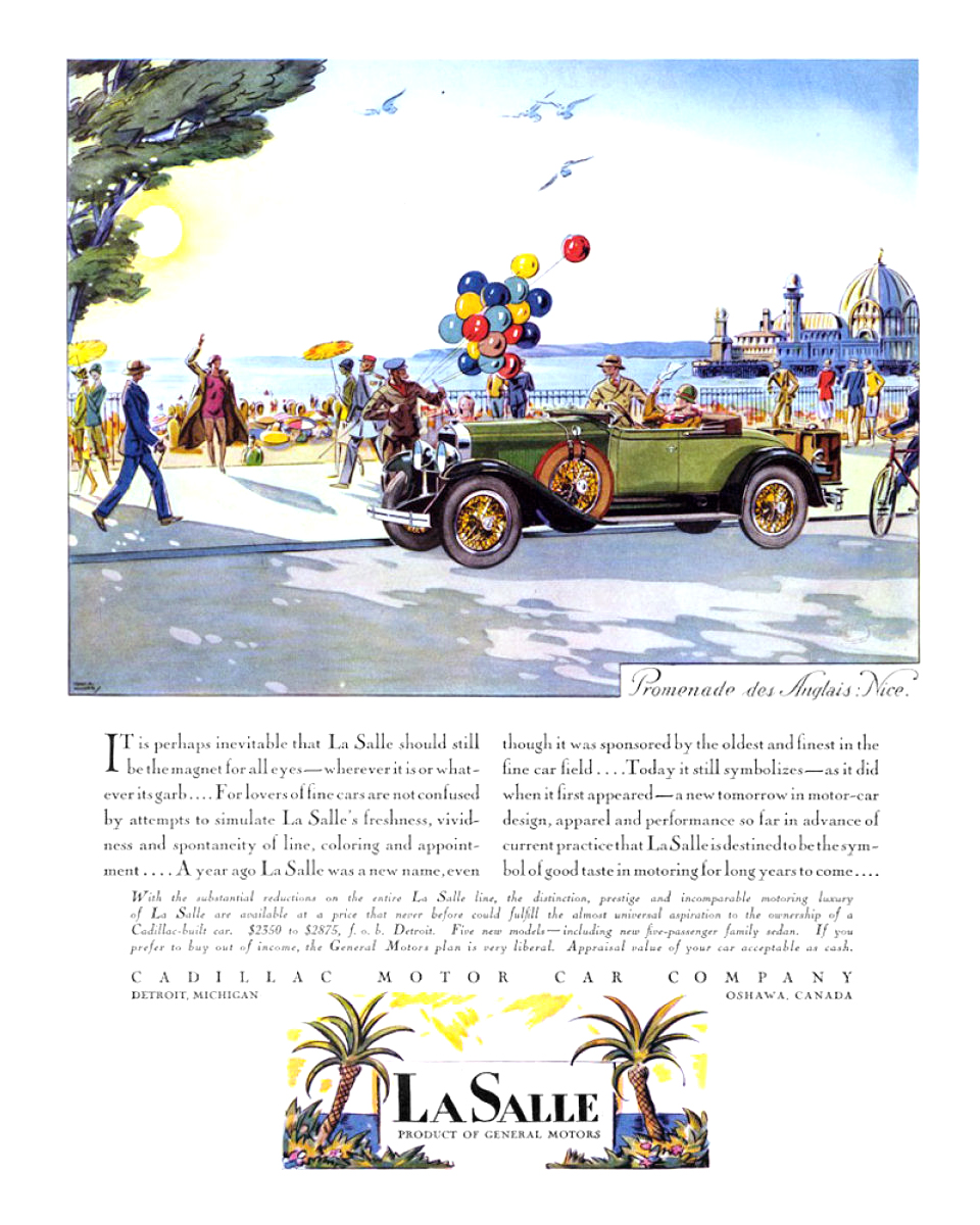 Cadillac/LaSalle Ad (May, 1928): Promenade des Anglais, Nice - Illustrated by Edward A. Wilson