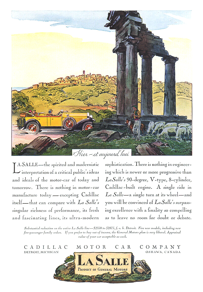 Cadillac/LaSalle Ad (June, 1928): Stier — et aujourd' hui - Illustrated by Edward A. Wilson?