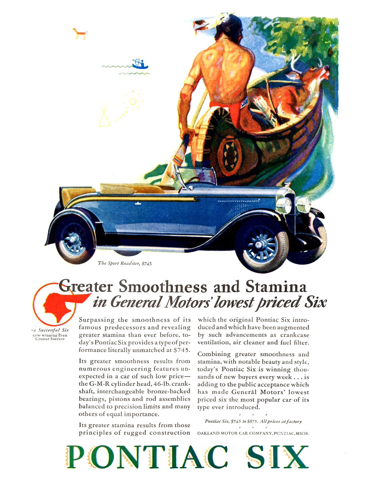 Pontiac Six Ad (August, 1928): Sport Roadster - Greater Smoothness and Stamina in General Motors' lowest priced Six