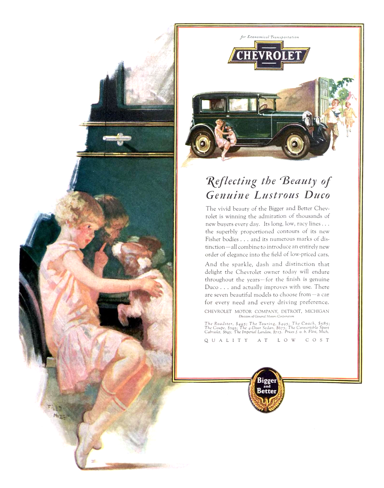 Chevrolet Ad (May, 1928): Reflecting the Beauty of Genuine Lustrous Duco - Illustrated by Fred Mizen