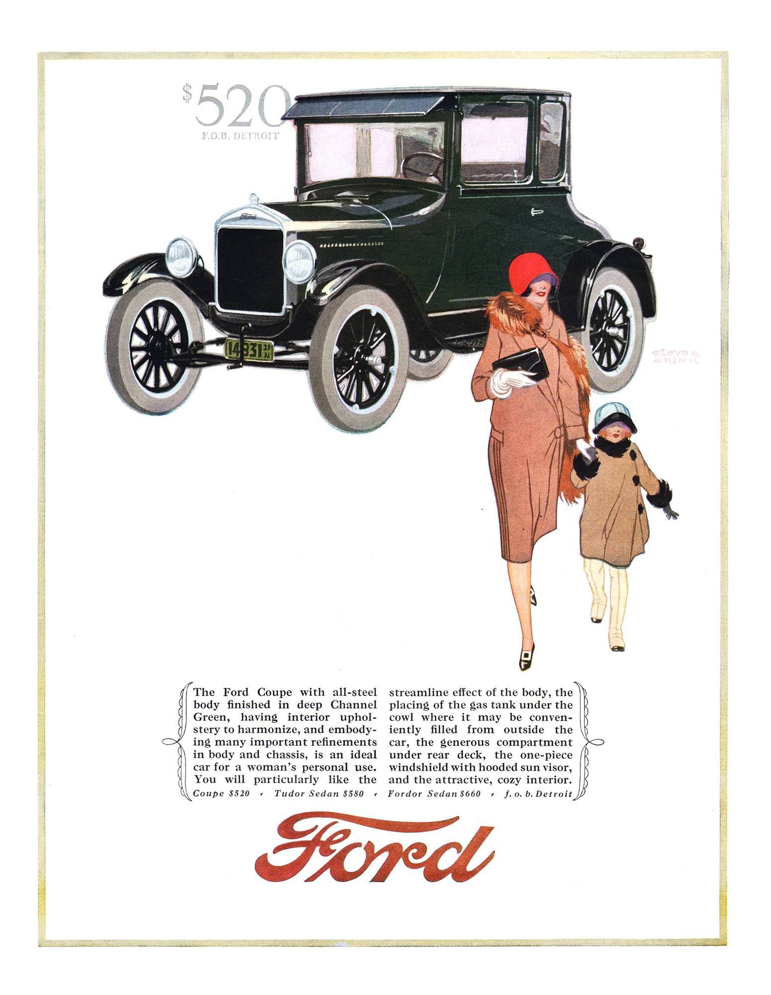 Ford Model T Ad (January, 1926): Coupe in deep Channel Green - Illustrated by Floyd Brink