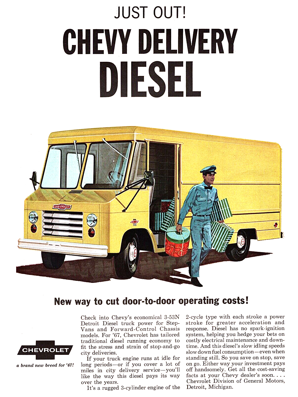 Chevy Delivery Diesel Ad (1967): Just Out! New way to cut door-to-door operating costs!