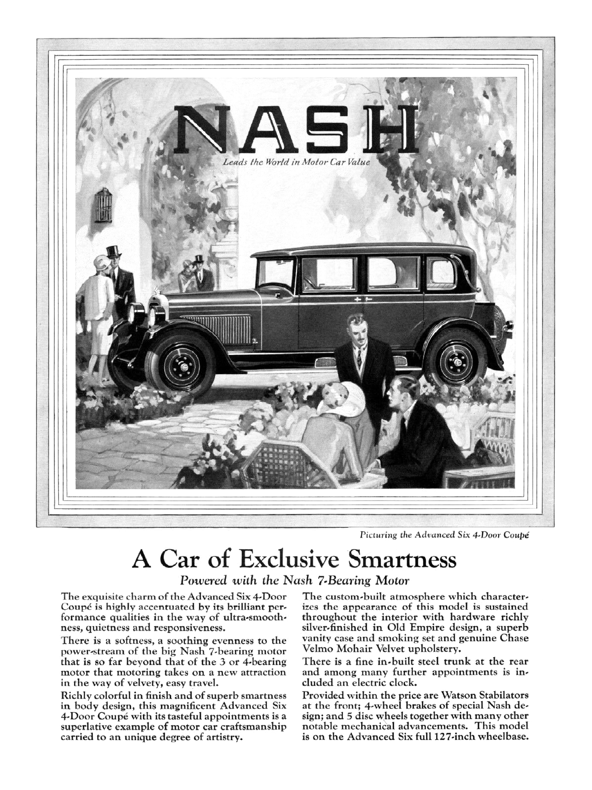 Nash Advanced Six 4-Door Coupe Ad (April, 1927): A Car of Exclusive Smartness