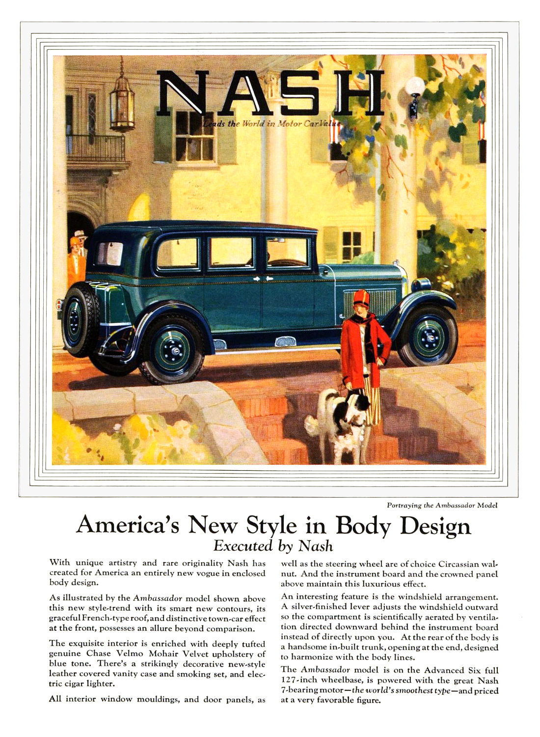 Nash Ambassador Model Ad (April-May, 1927): America's New Style in Body Design