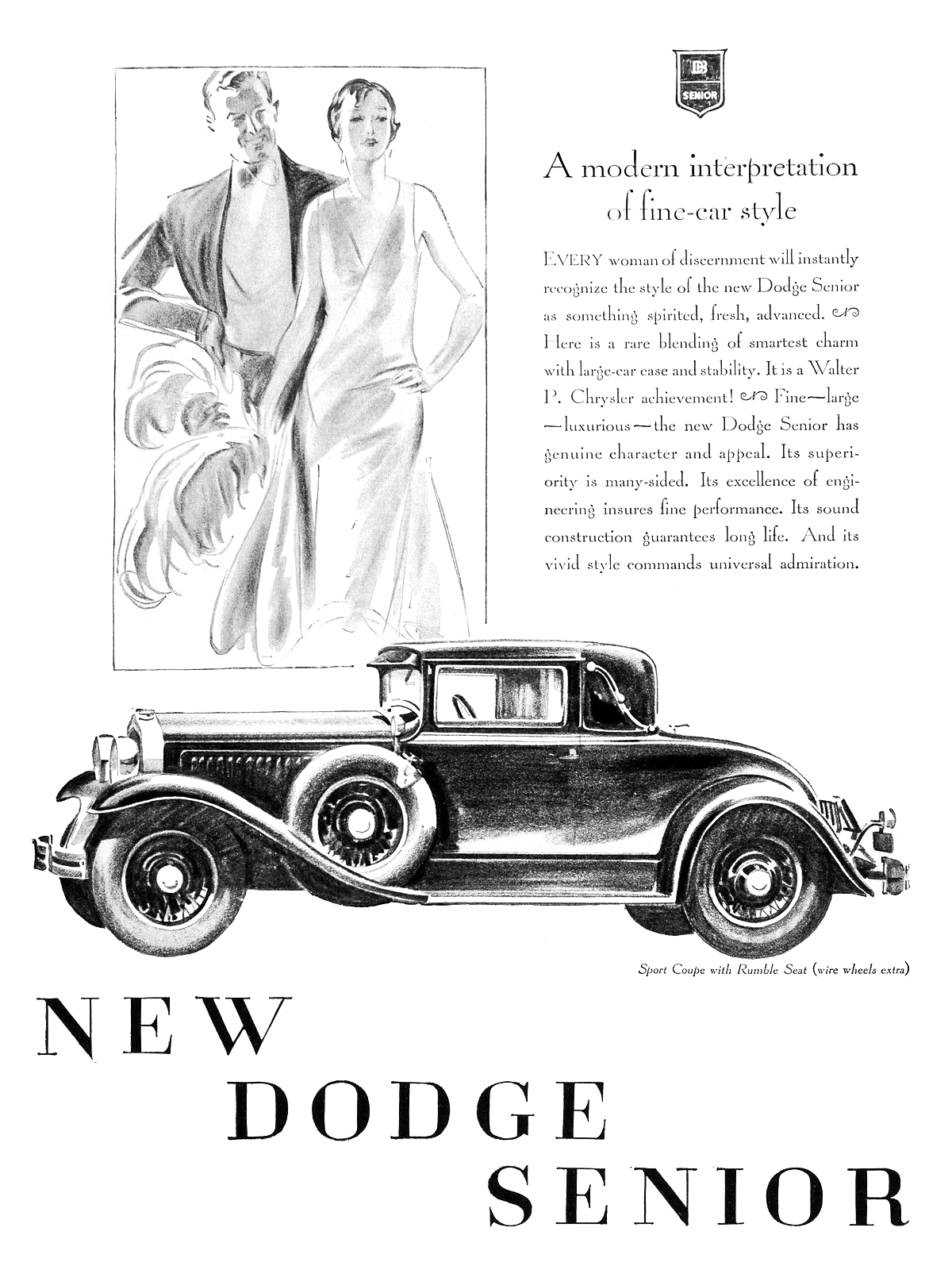 Dodge Senior Sport Coupe with Rumble Seat Ad (February, 1929): A modern interpretation of fine-car style - Illustrated by John Gannam(?)