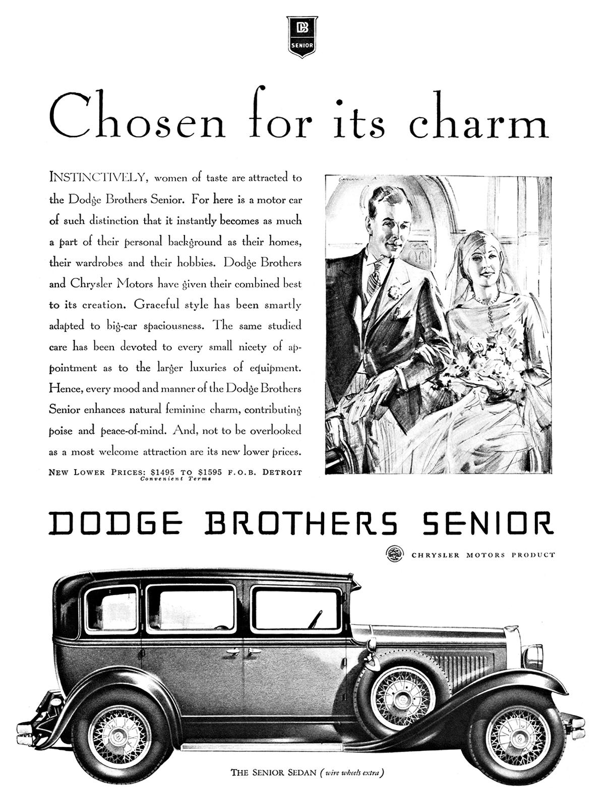 Dodge Senior Sedan Ad (May, 1929): Chosen for its charm - Illustrated by John Gannam