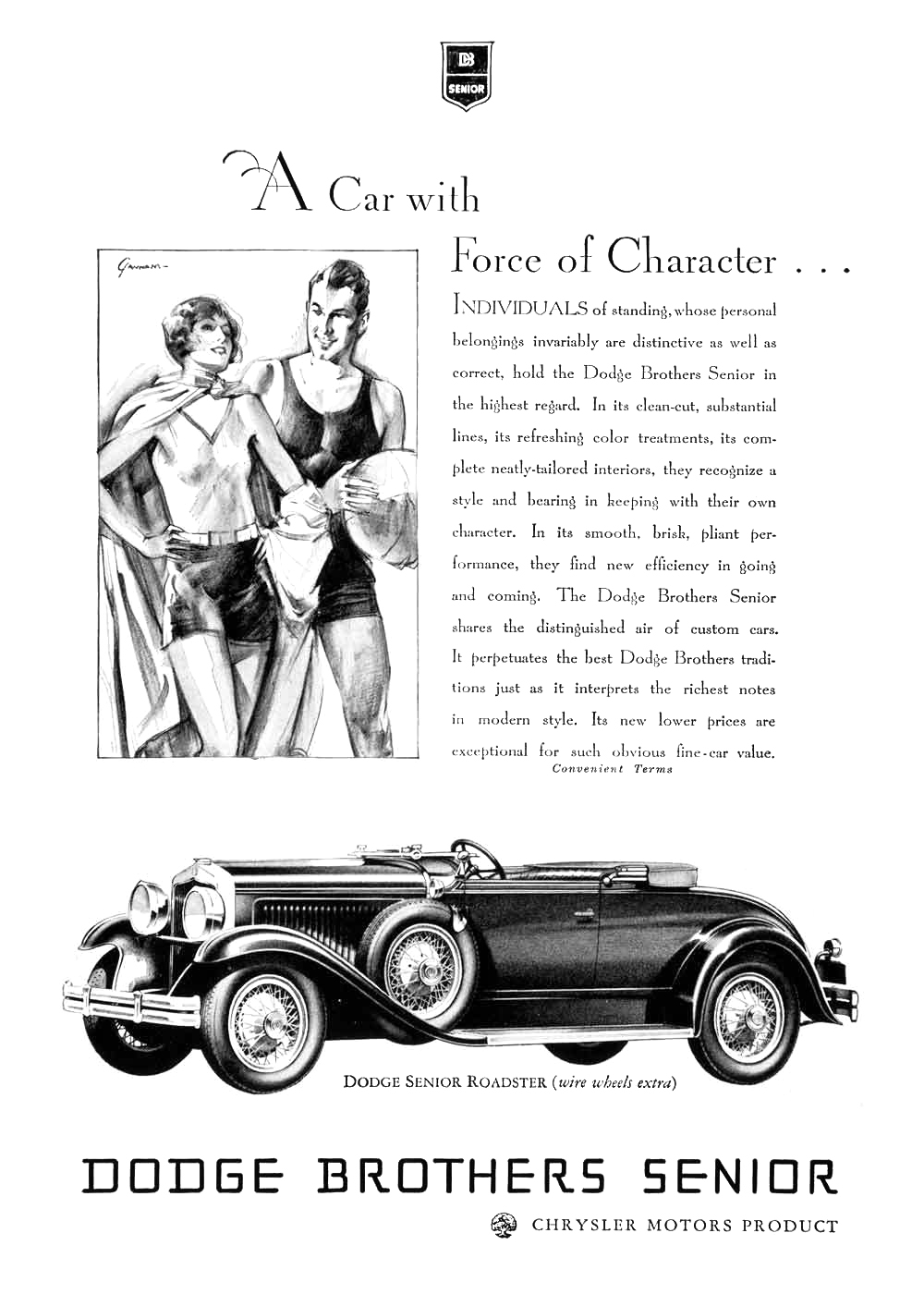 Dodge Senior Roadster Ad (June–July, 1929): A Car with Force of Character - Illustrated by John Gannam