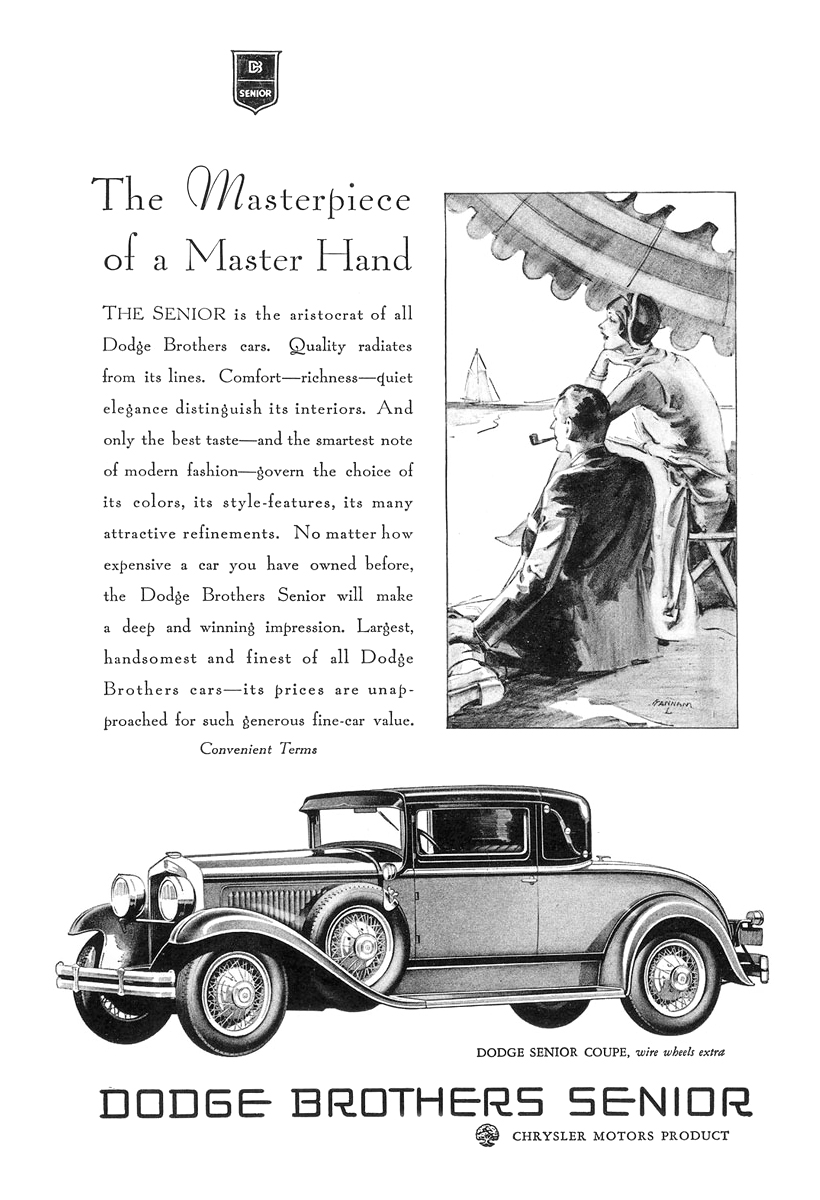 Dodge Senior Coupe Ad (July–August, 1929): The Masterpiece of a Master Hand - Illustrated by John Gannam