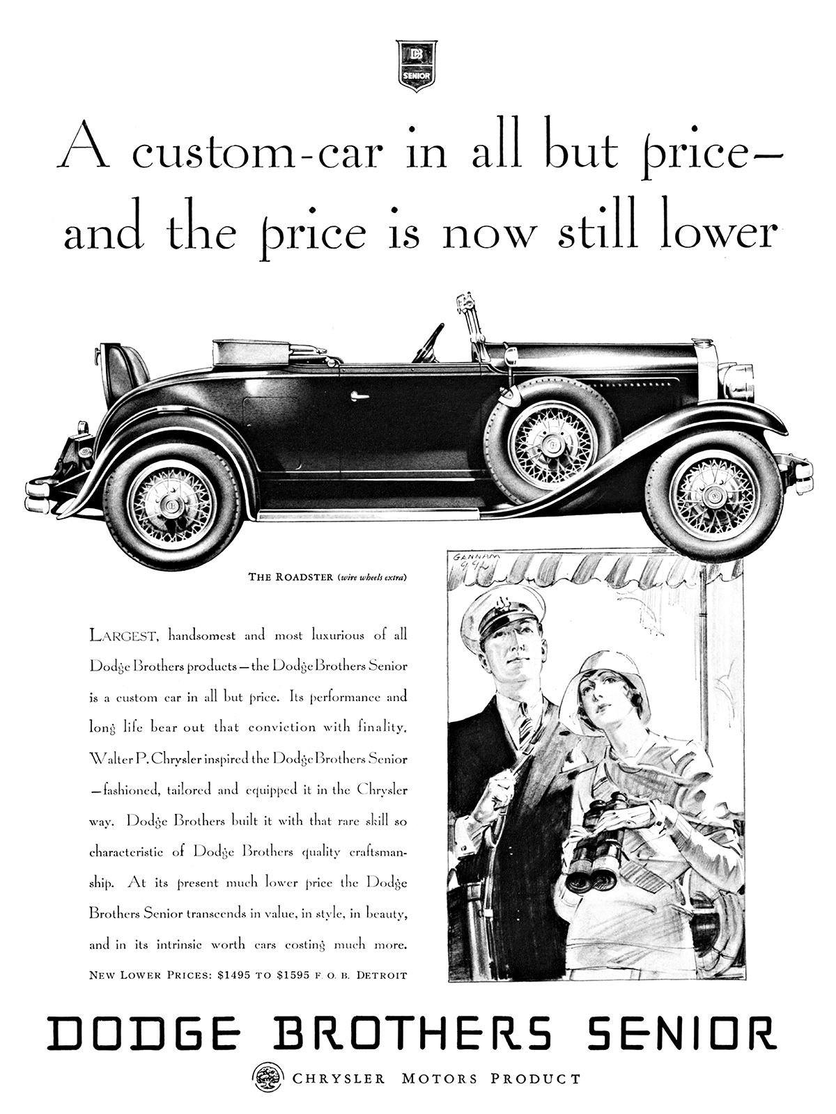 Dodge Senior Roadster Ad (April–May, 1929): A custom-car in all but price - and the price is now still lower - Illustrated by John Gannam