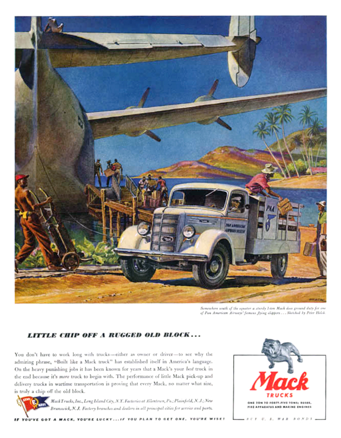 Mack Trucks Ad (May, 1942): Little chip off a rugged old block... - Illustrated by Peter Helck 