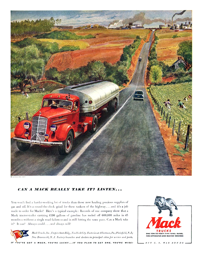 Mack Trucks Ad (October, 1943): Can a Mack really take it? Listen... - Illustrated by Peter Helck