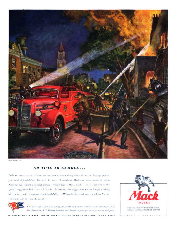 Mack Trucks Ad (May, 1944): No time to gamble... - Illustrated by Peter Helck