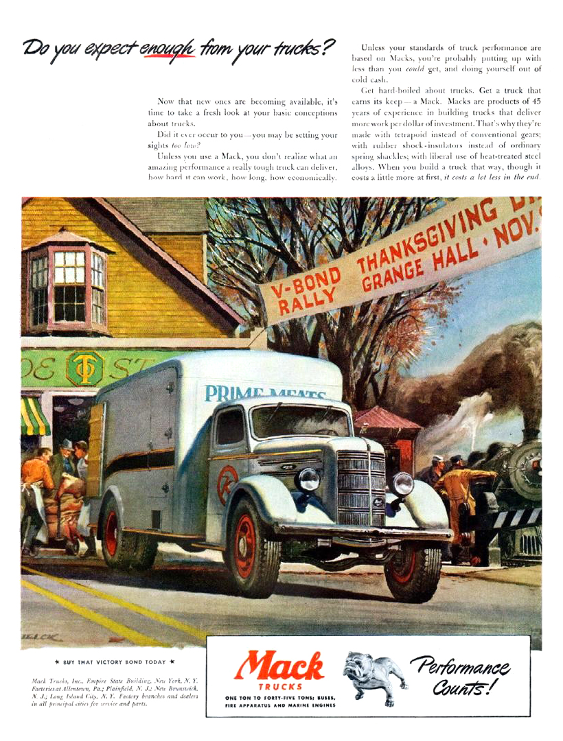 Mack Trucks Ad (November, 1945): Do you expect enough from your trucks? - Illustrated by Peter Helck