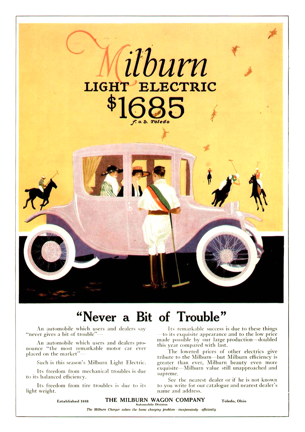 Milburn Light Electric Ad (September–October, 1916) - Never a Bit of Trouble