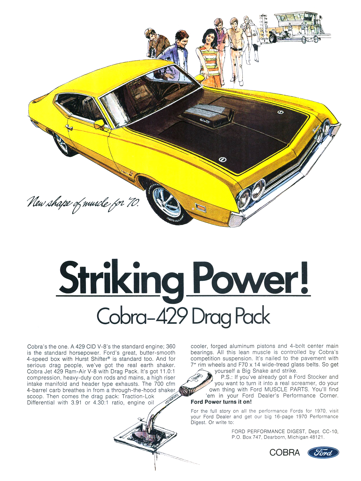 Ford Torino Cobra-429 Drag Pack Ad (January, 1970): Striking Power!