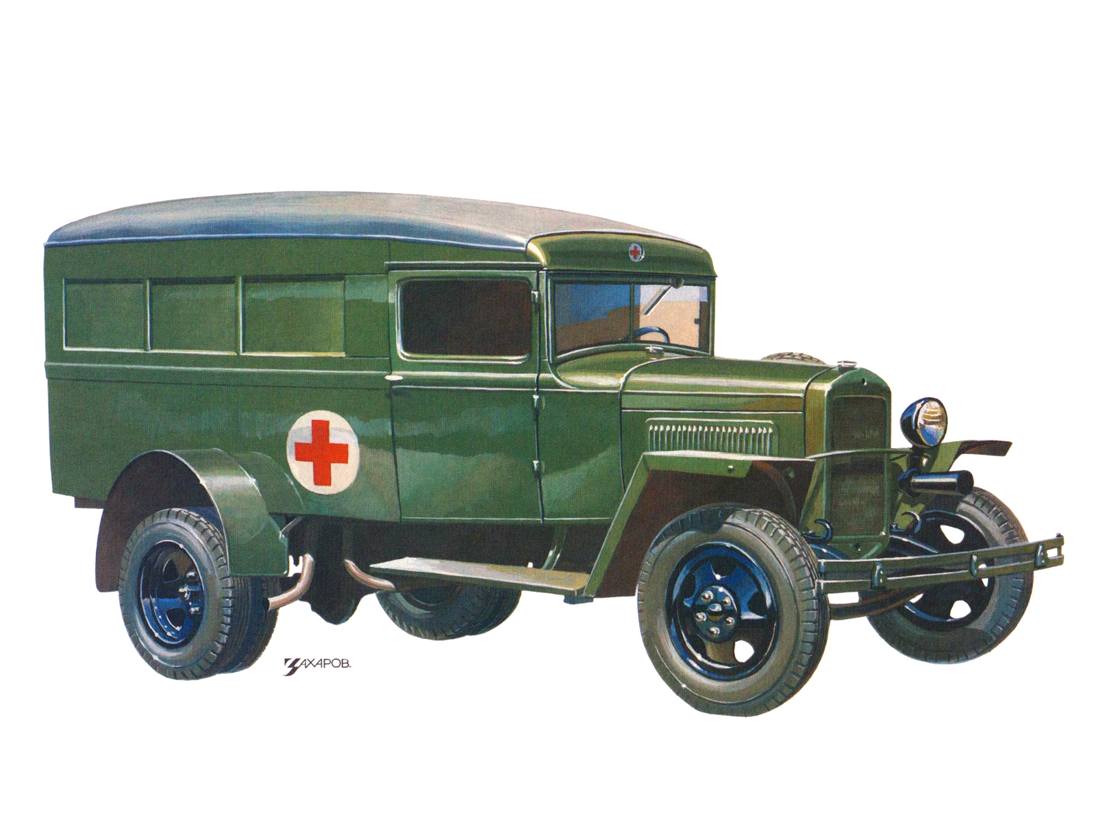 ГАЗ–55 (Медицинский автомобиль на шасси грузовика ГАЗ–ММ), 1942–1945 (1938) – Рисунок А. Захарова / Из коллекции «За рулём» 1981-7