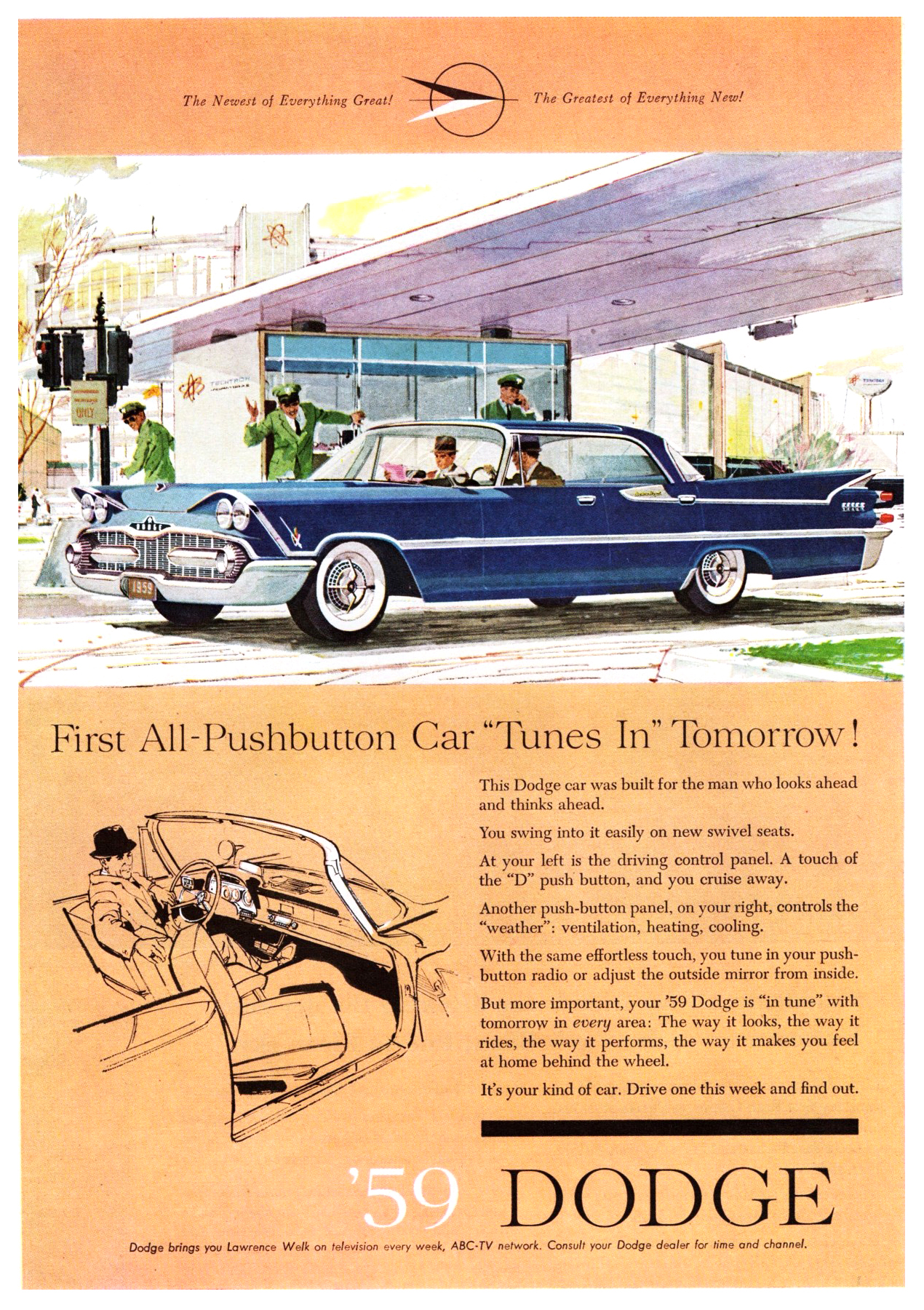 Dodge Custom Royal Lancer 4-Door Ad (January, 1959) - First All-Pushbutton Car "Tunes In" Tomorrow!