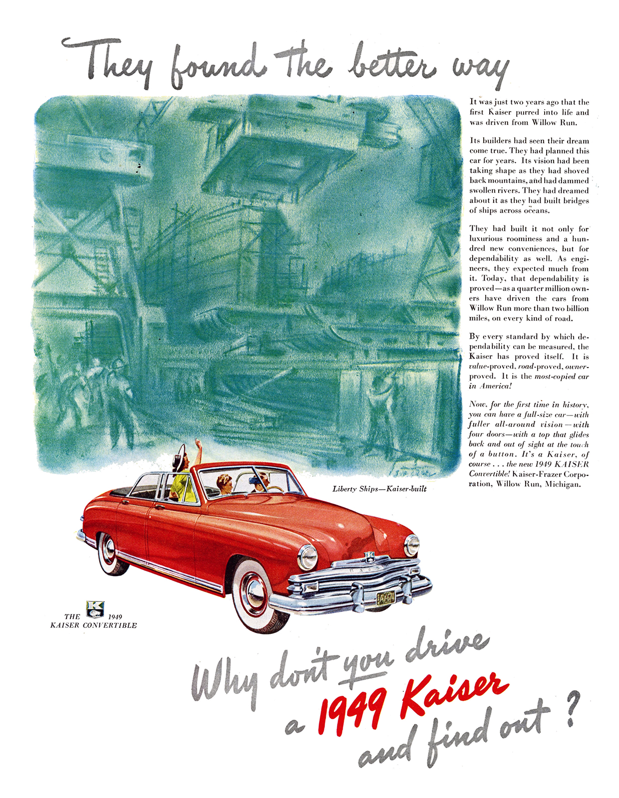 1949 Kaiser Convertible Ad (November, 1948): Liberty Ships — Kaiser-built / They found the better way