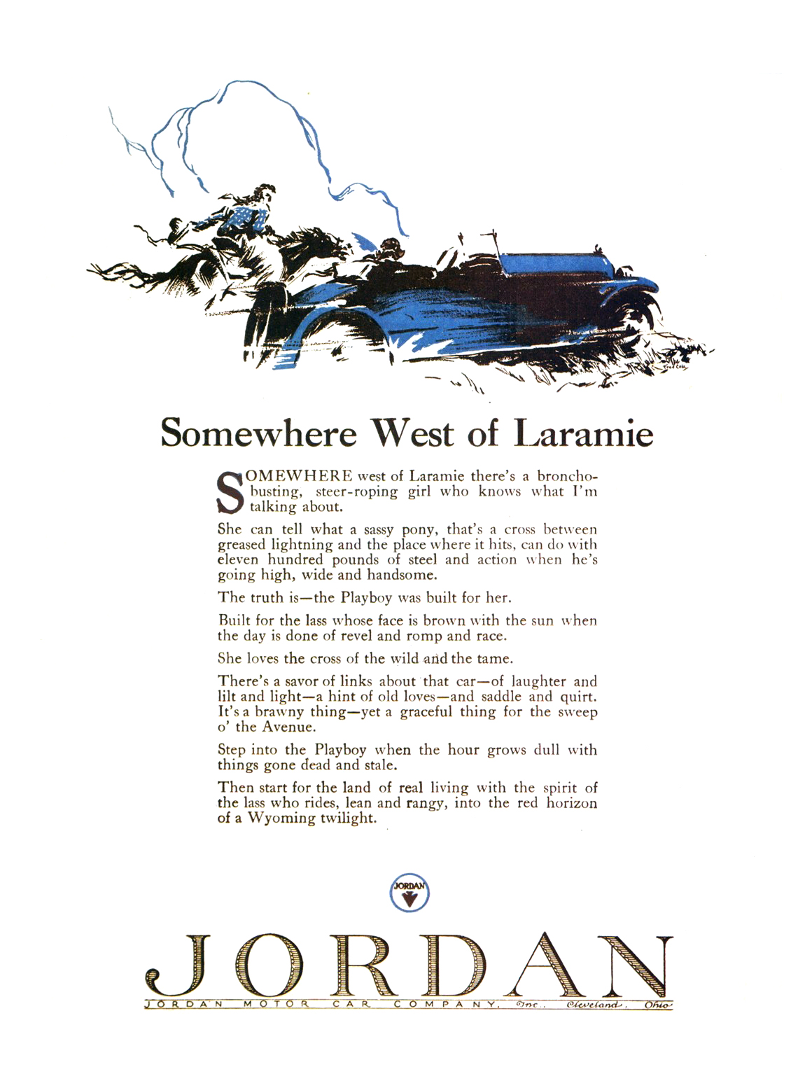 Jordan Playboy Ad (June, 1923): Somewhere West of Laramie - Illustrated by Fred Cole