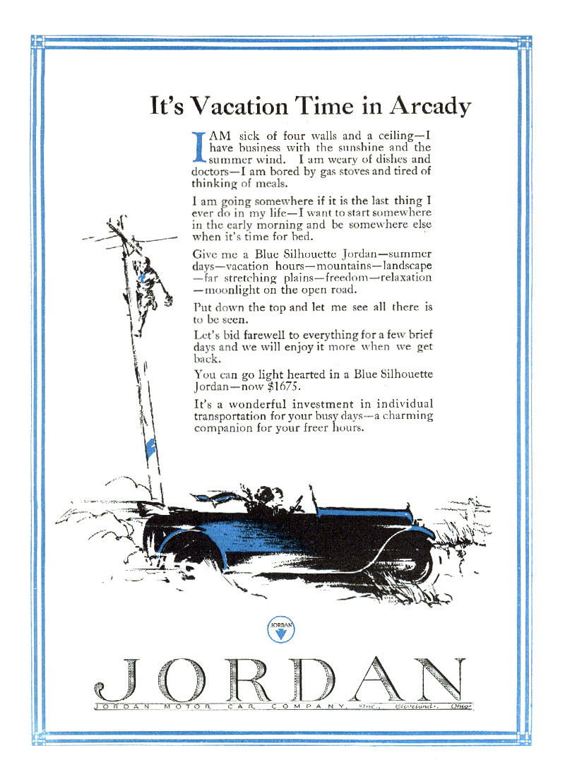 Jordan Blue Silhouette Ad (September, 1923): It's Vacation Time in Arcady - Illustrated by Fred Cole