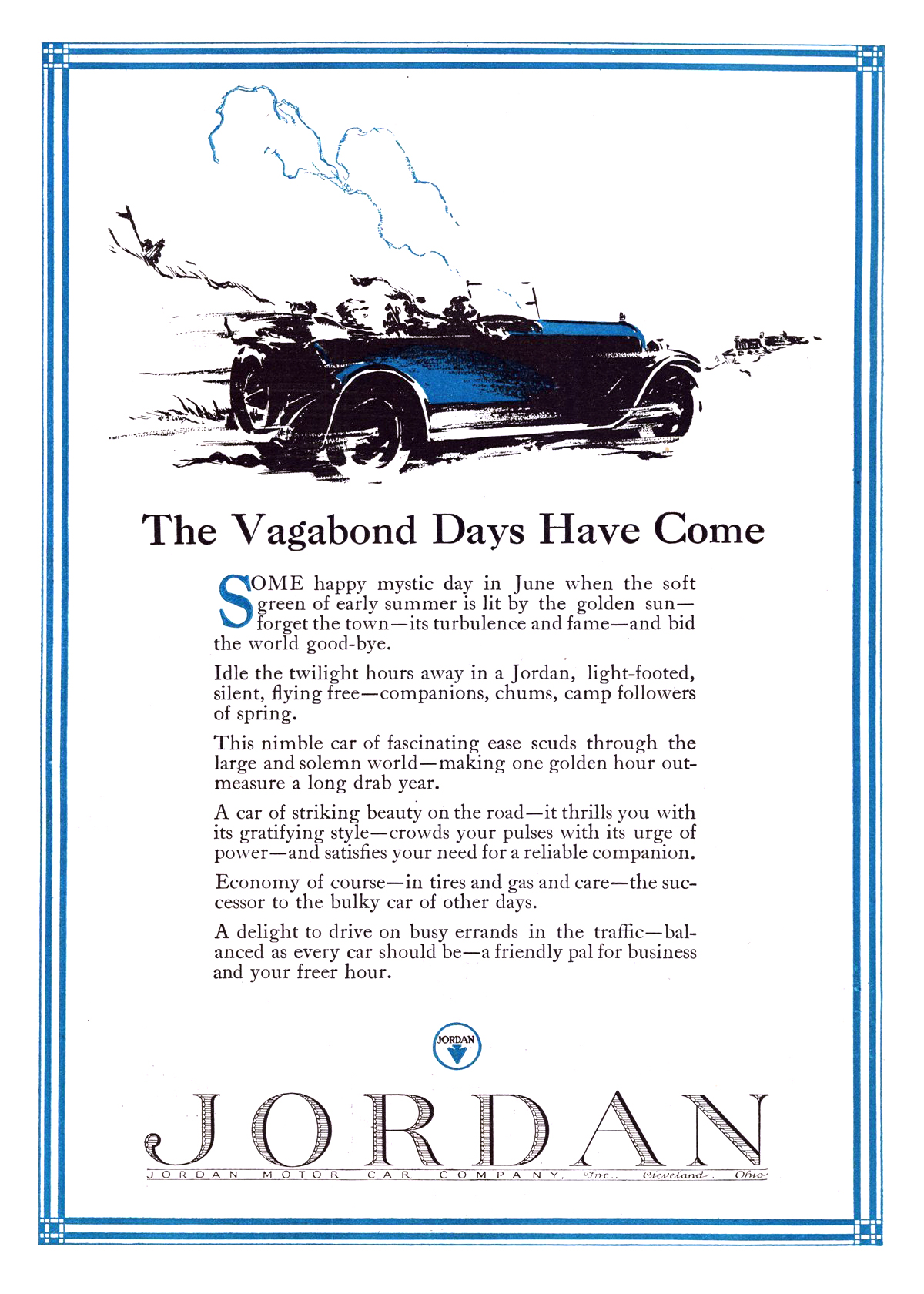 Jordan 5-Passenger Touring Ad (April, 1923): The Vagabond Days Have Come - Illustrated by Fred Cole