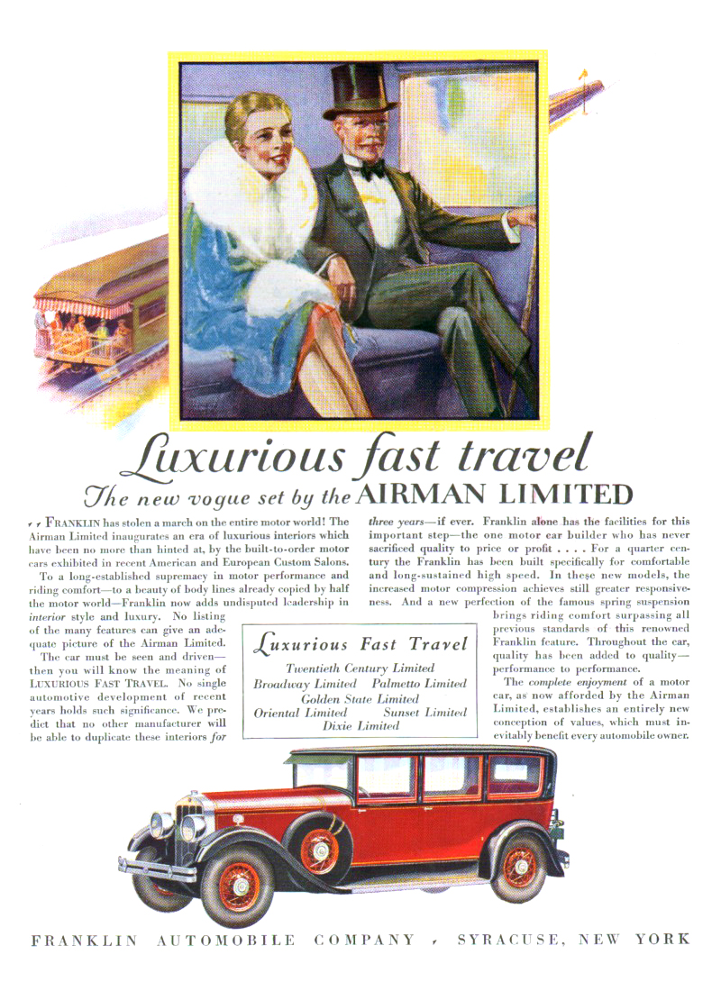 Franklin Airman Limited Ad (August, 1928): Sedan Seven Passengers - Illustrated by Raymond Thayer(?)