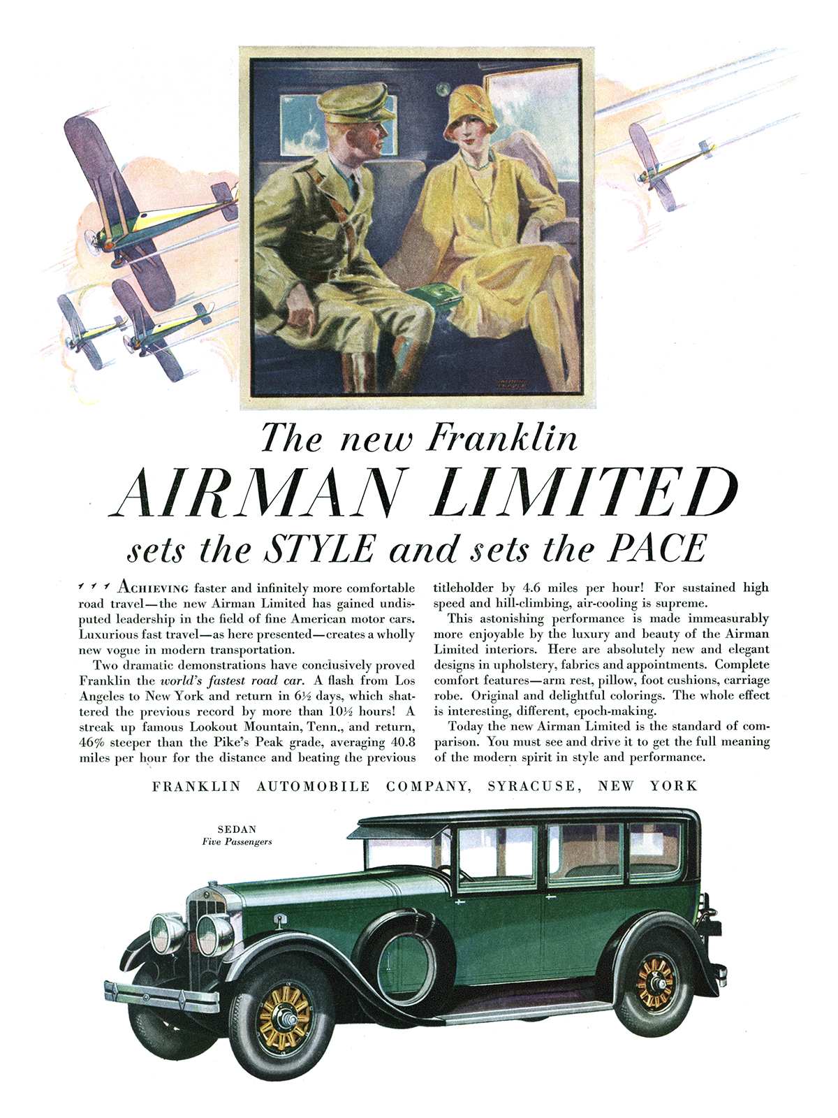 Franklin Airman Limited Ad (October-December, 1928): Sedan Five Passengers - Illustrated by Raymond Thayer