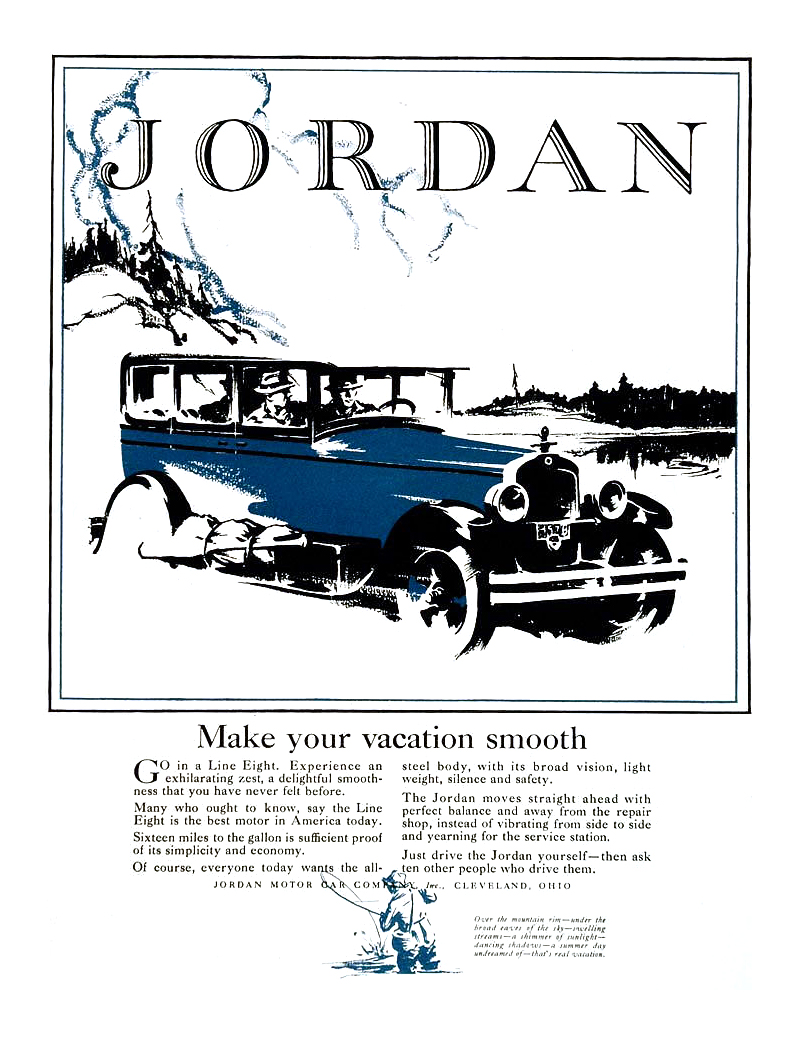 Jordan Line Eight Ad (July, 1926): Make your vacation smooth - Illustrated by Fred Cole?