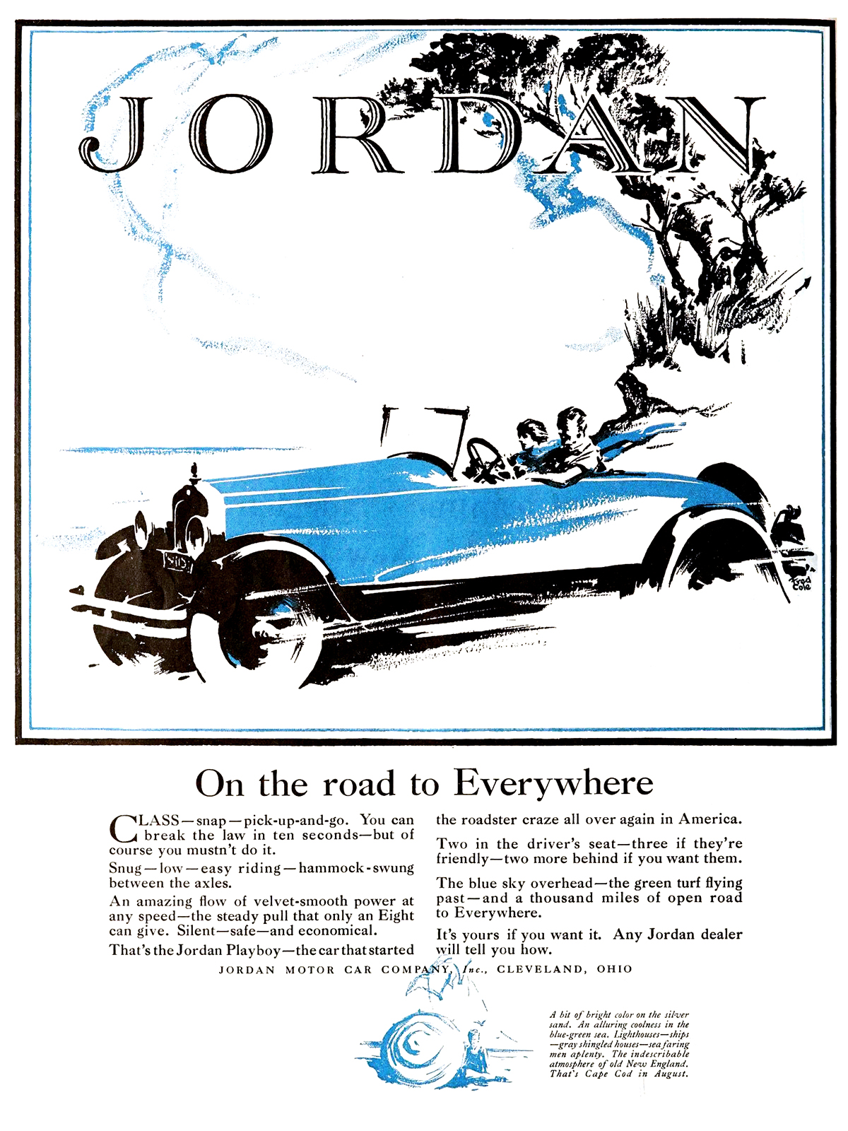 Jordan Playboy Roadster Ad (August, 1926): On the road to Everywhere - Illustrated by Fred Cole