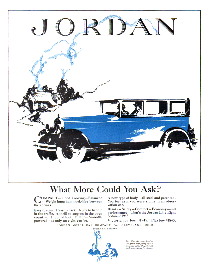 Jordan Line Eight Sedan Ad (1926): What More Could You Ask? - Illustrated by Fred Cole