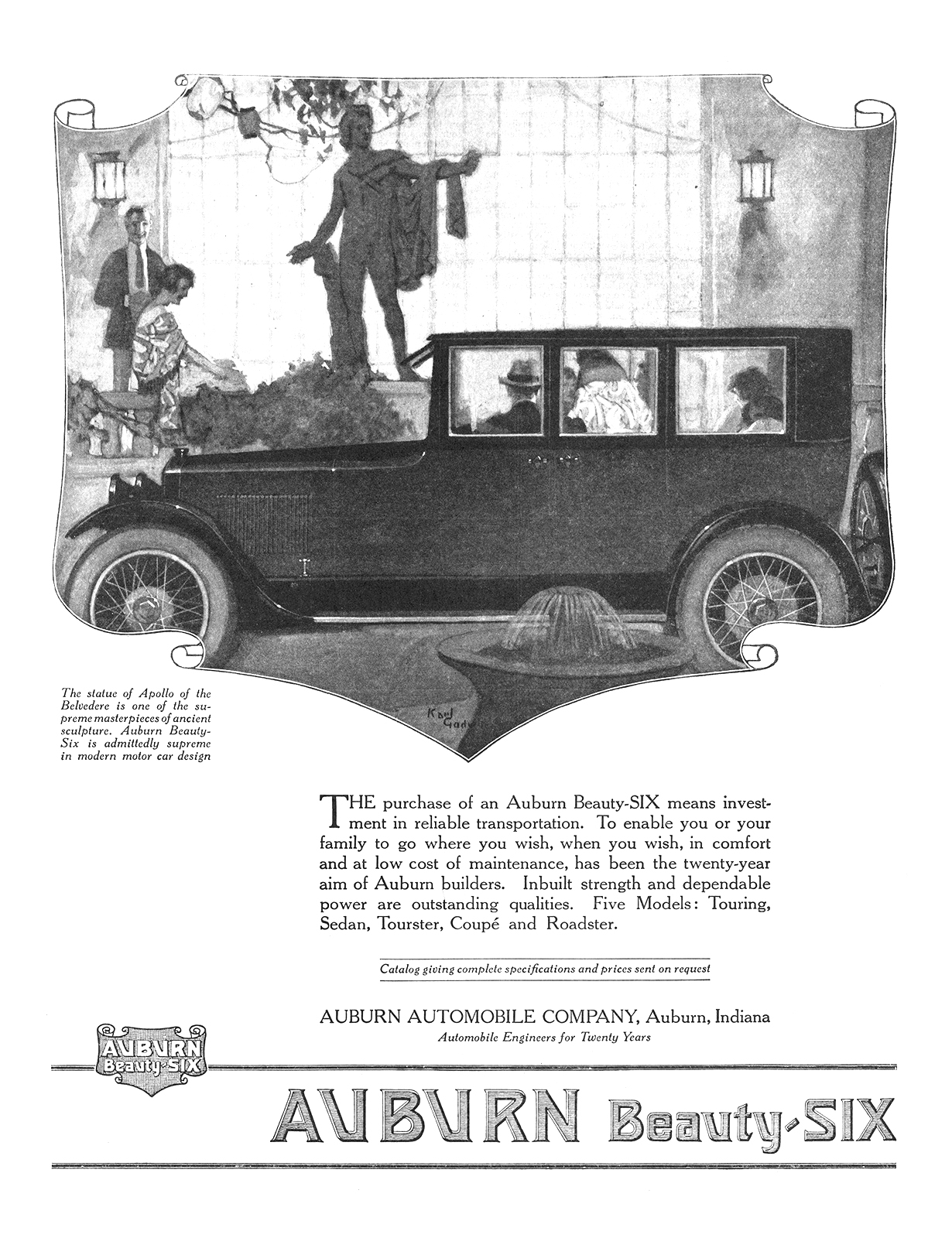 Auburn Beauty Six Ad (September, 1920): Apollo of the Belvedere - Illustrated by Karl Godwin