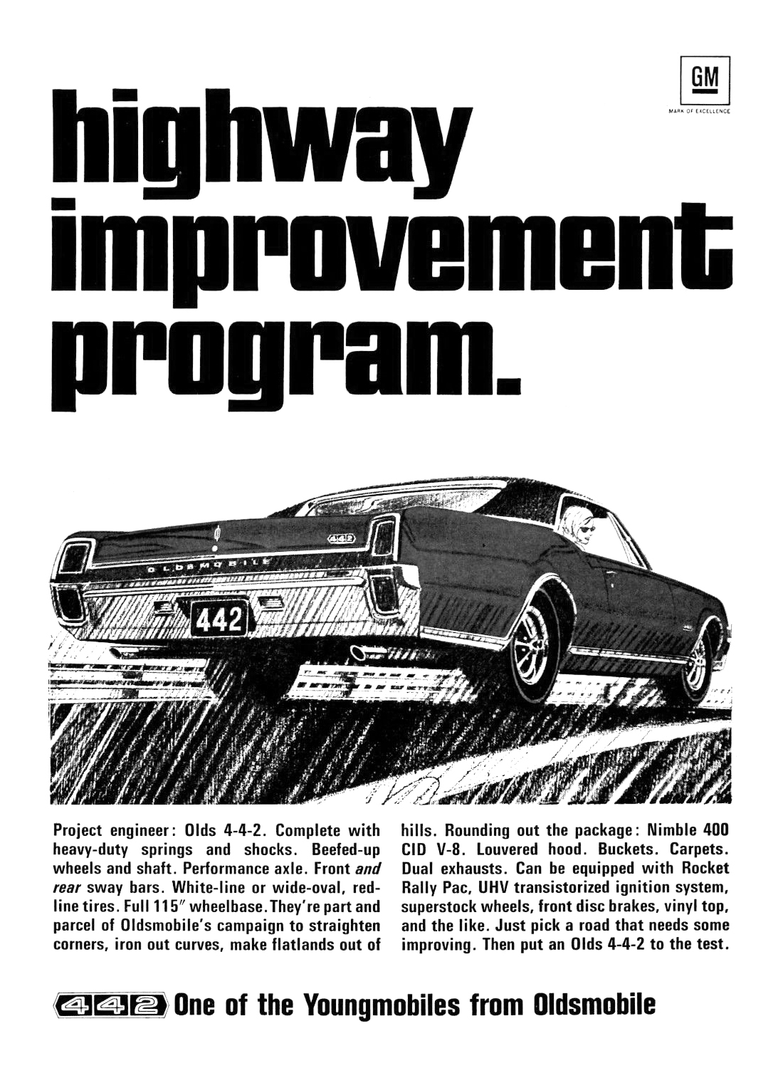 Oldsmobile 442 Ad (May, 1967): Highway improvement program.