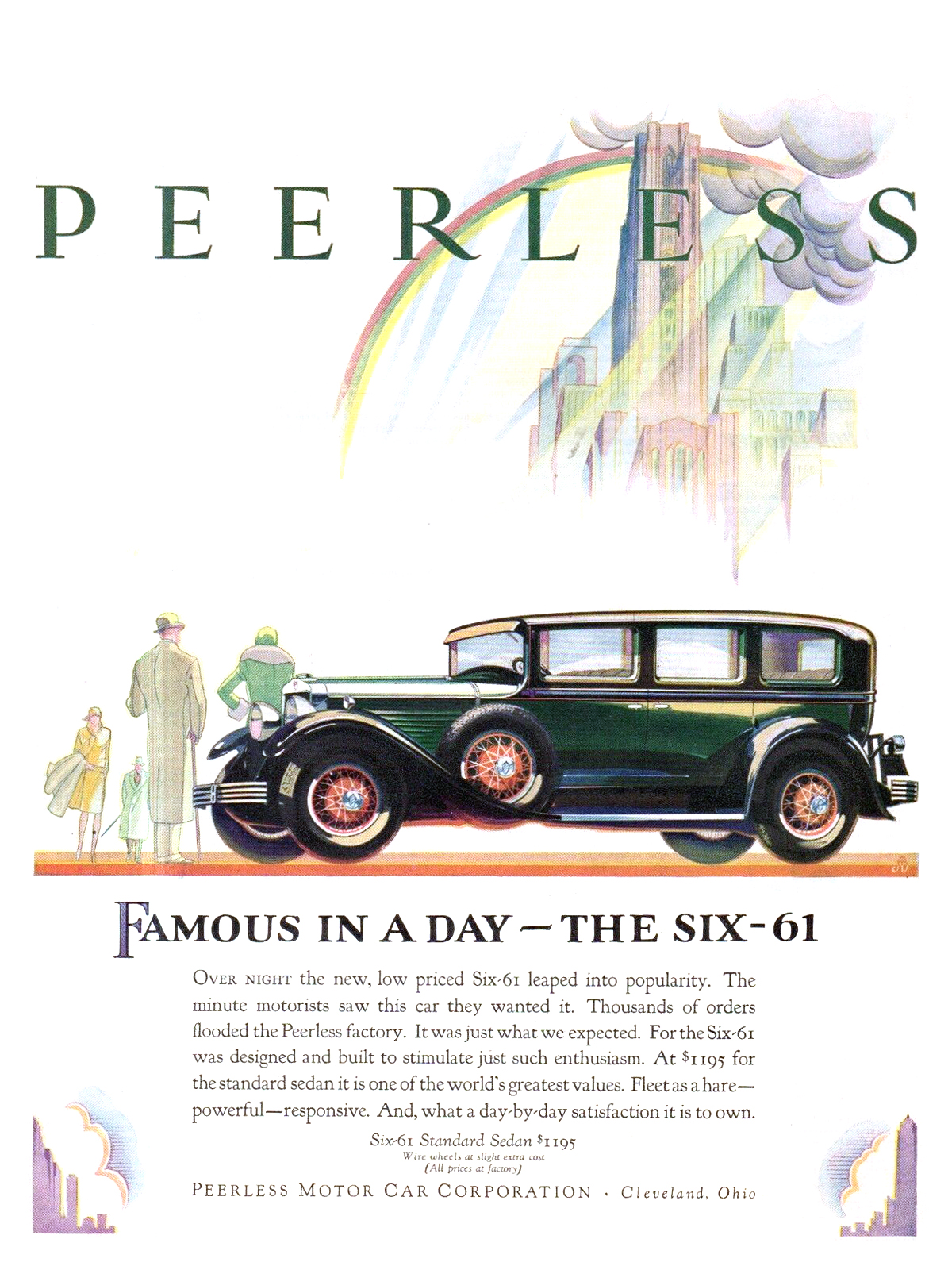 Peerless Six-61 Standard Sedan Ad (March, 1929): Famous in a day — the Six-61