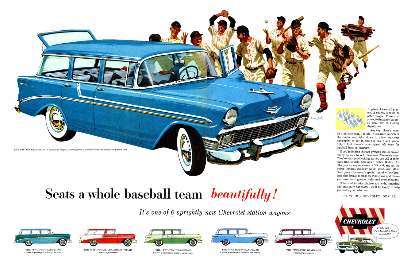 Chevrolet Bel Air Beauville Ad (April, 1956): Seats a whole baseball team beautifully! - Illustrated by Stan Galli