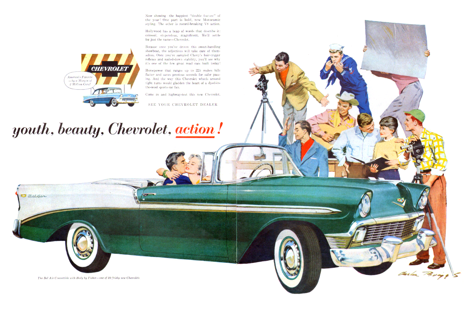 Chevrolet Bel Air Convertible Ad (June, 1956): Youth, beauty, Chevrolet, action! - Illustrated by Austin Briggs