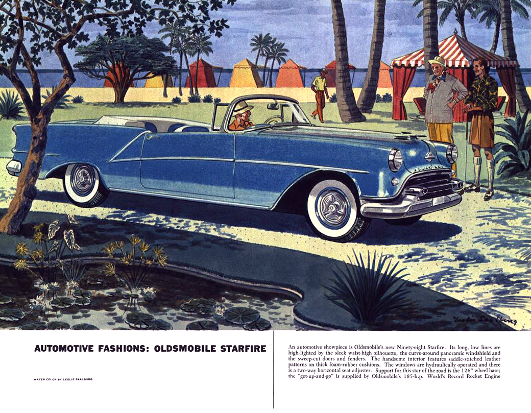 Automotive Fashions (July, 1954): Oldsmobile Starfire - Illustrated By Leslie Saalburg