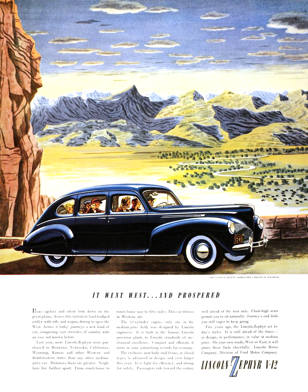 Lincoln-Zephyr V-12 Ad (March-April, 1940): Approaches a ranch in Wyoming - It went west... and prospered