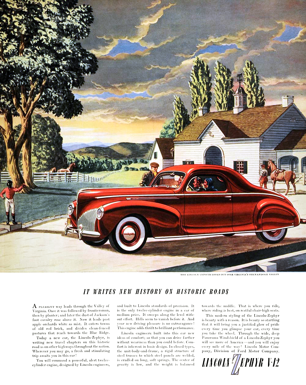 Lincoln-Zephyr V-12 Coupe (May, 1940): The Lincoln-Zephyr looks out over Virginia's Shenandoah Valley - It writes new history on historic roads