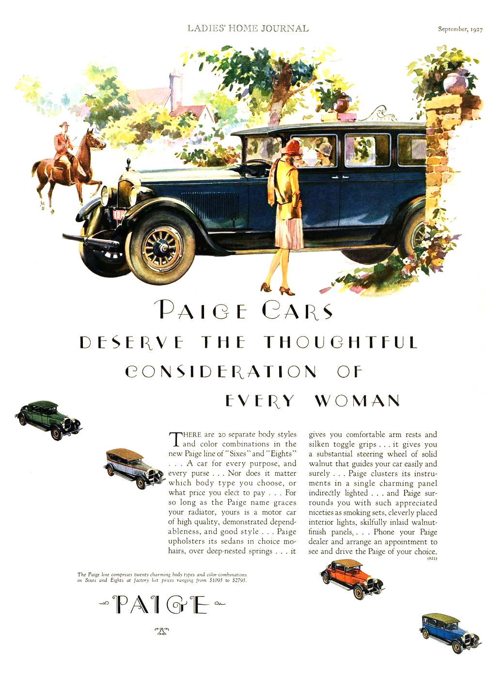 Paige Ad (September, 1927): Paige Cars Deserve the Thoughtful Consideration of Every Woman - Illustrated by J. Karl