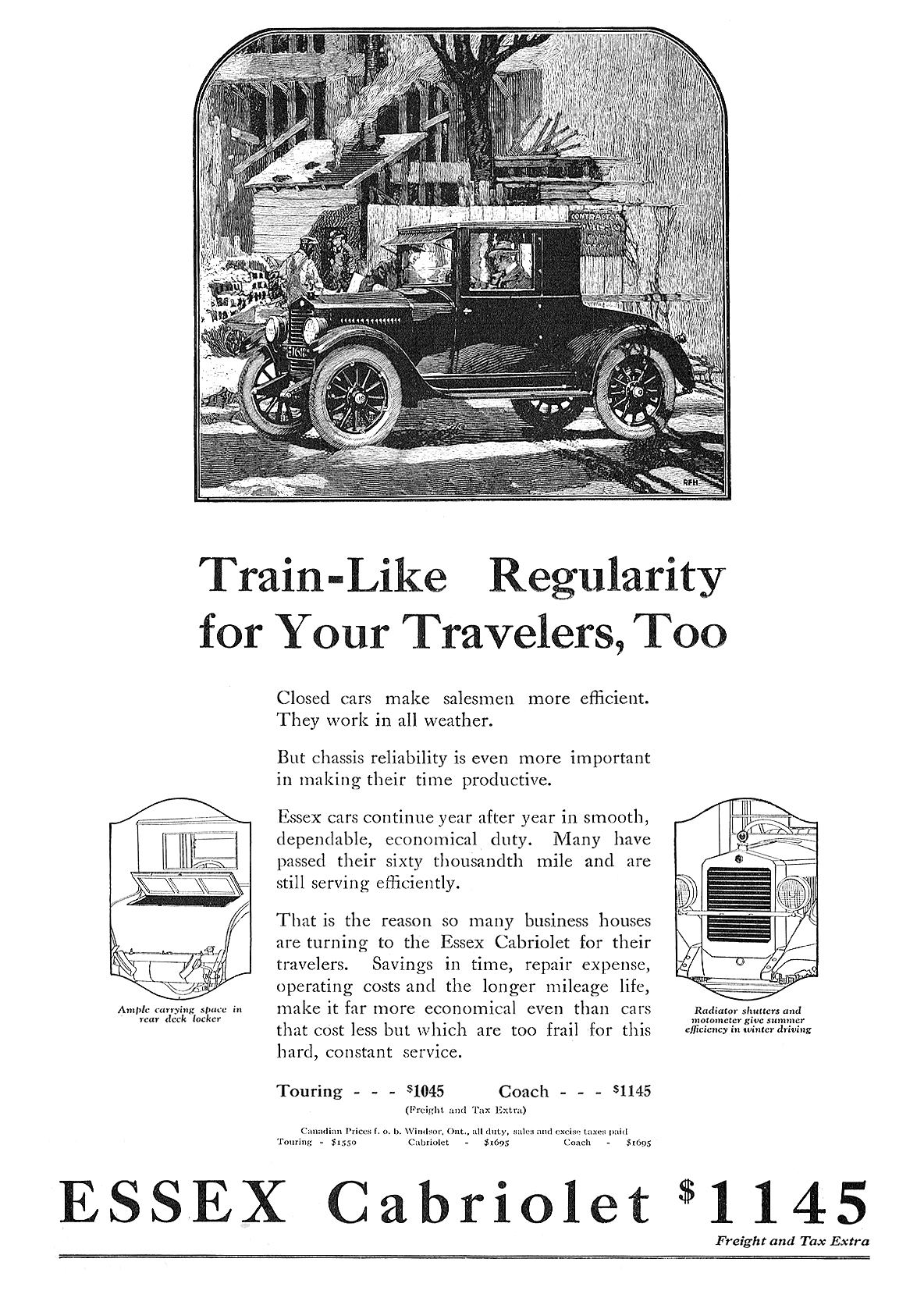 Essex Cabriolet Ad (February, 1923) – Illustrated by Roy Frederic Heinrich – Train-Like Regularity for Your Travelers, Too