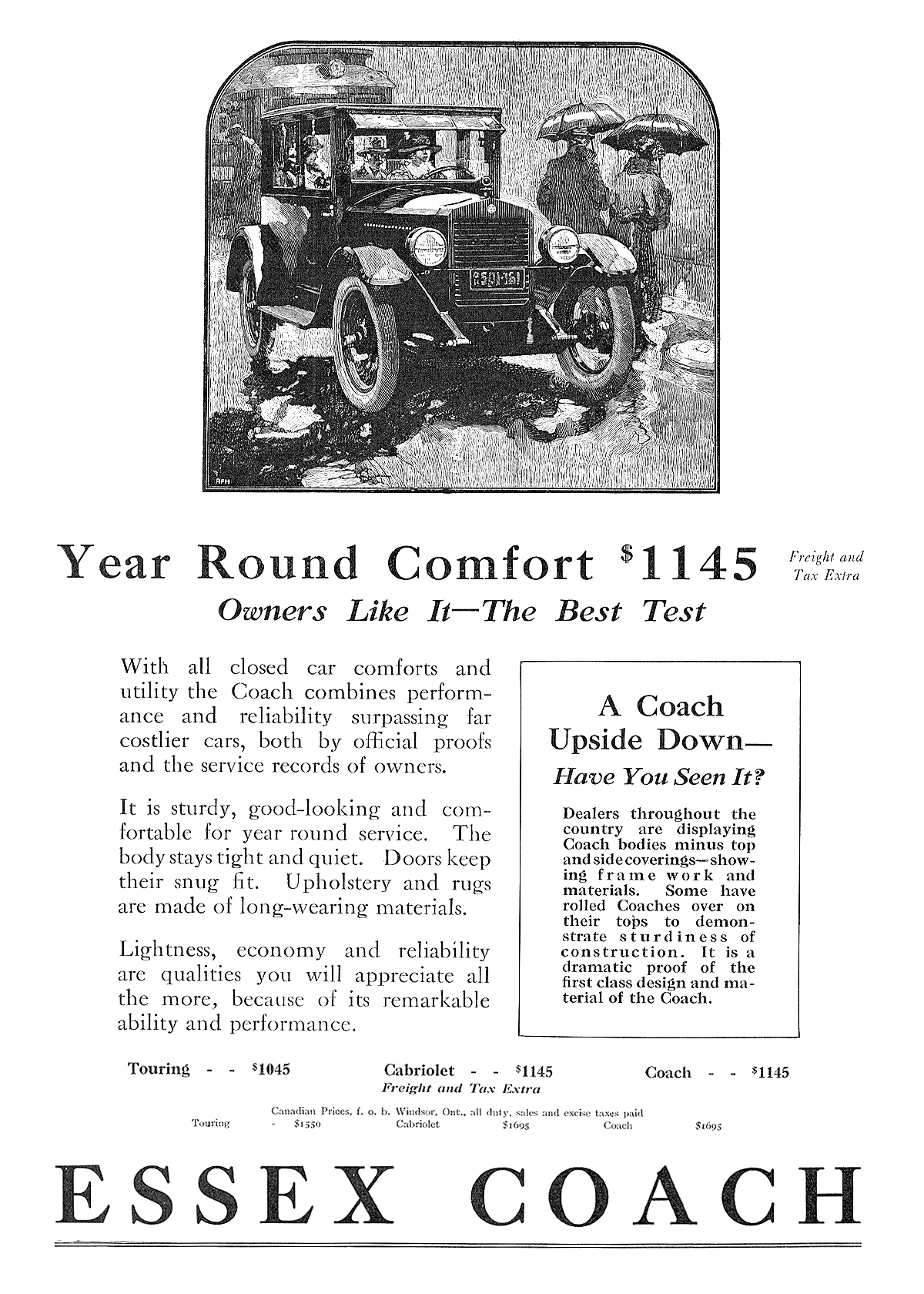 Essex Coach Ad (January, 1923) – Illustrated by Roy Frederic Heinrich – Year Round Comfort