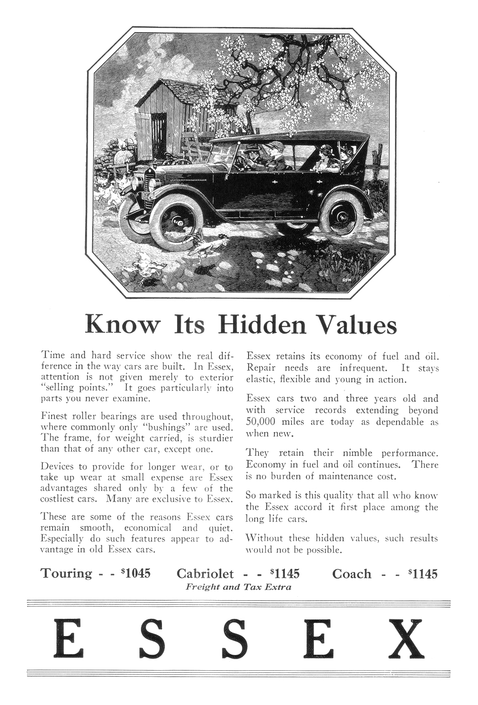 Essex Touring Ad (May, 1923) – Illustrated by Roy Frederic Heinrich – Know Its Hidden Values