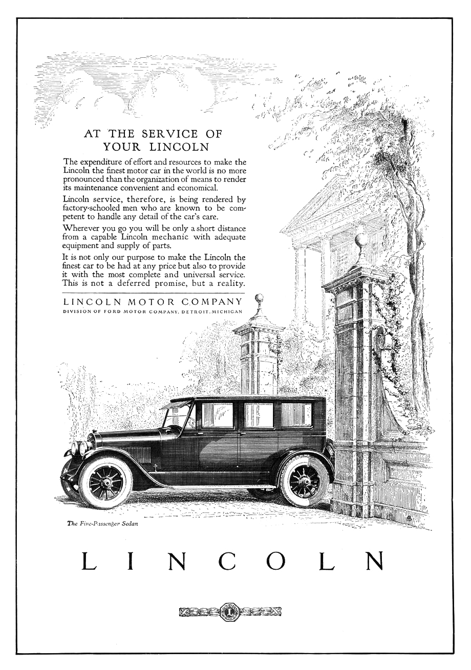 Lincoln Five-Passenger Sedan Ad (April-May, 1923) - At the Service of Your Lincoln
