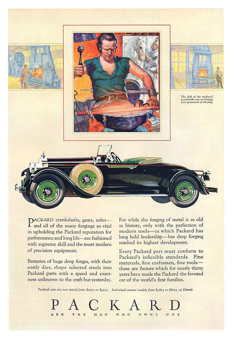 Packard Convertible Coupe Ad (April, 1928) – The skill of the medieval swordsmiths was an heritage from generations at the forge