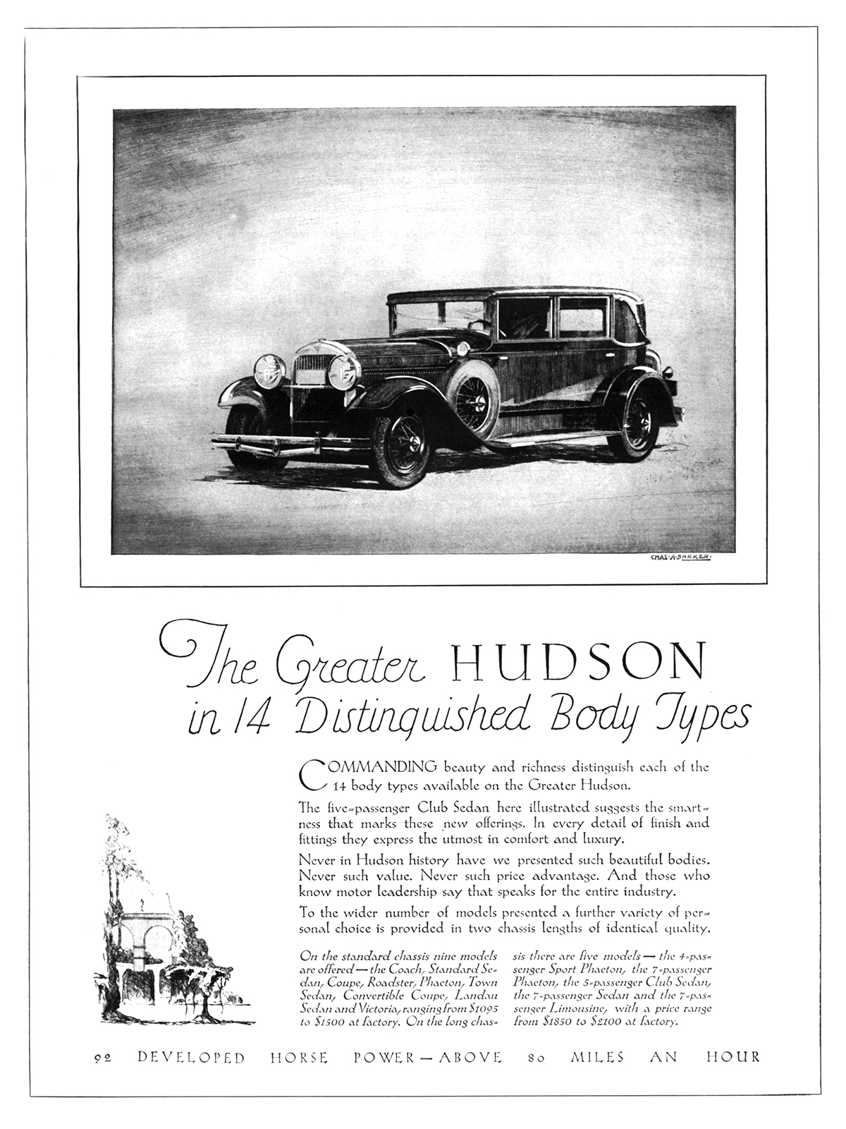 Hudson Five-Passenger Club Sedan Ad (February, 1929): Illustrated by Chas. A. Barker