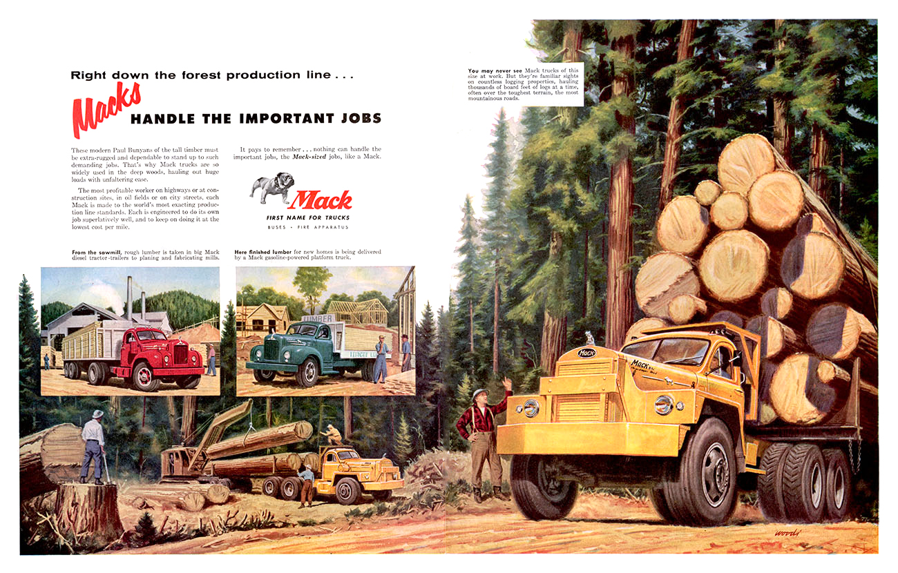 Mack Trucks Ad (April, 1956): Mack Handle the Important Jobs - Illustrated by Woodi Ishmael